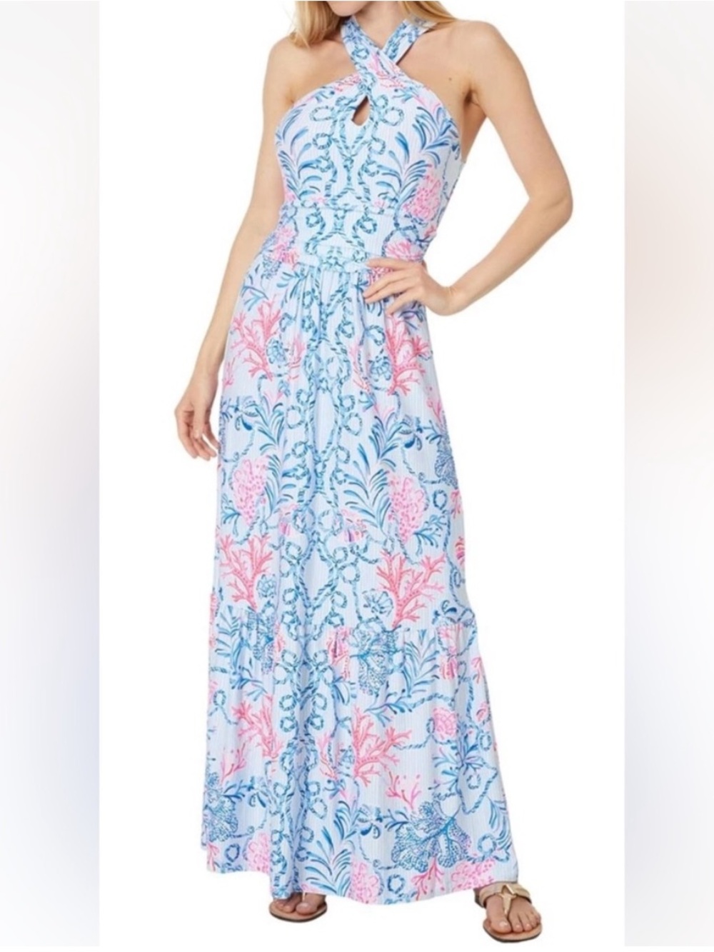 NWT Lilly Pulitzer Nautical Halter Maxi Dress — Light Blue & Pink Floral